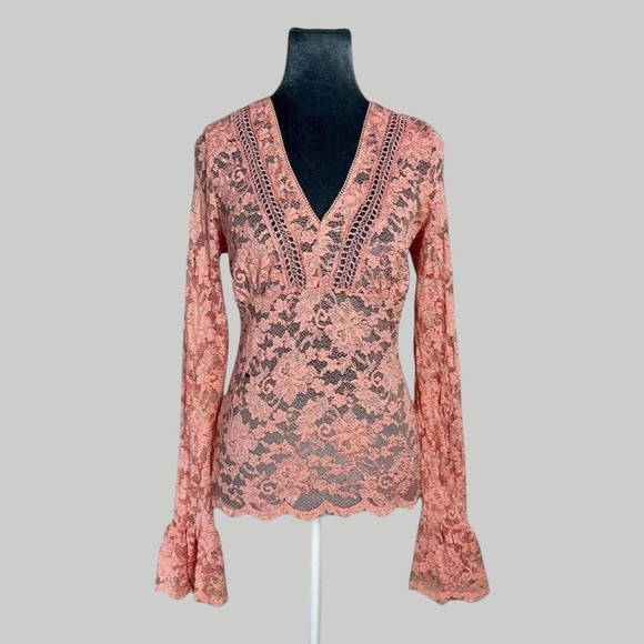 sheer pink lace romantic boho fairy bell sleeve top MODA International L - Picture 1 of 8